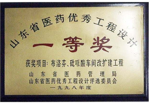 布洛芬、砒哌酸车间改扩建工程获1998年度山东省医药优秀工程设计一等奖 